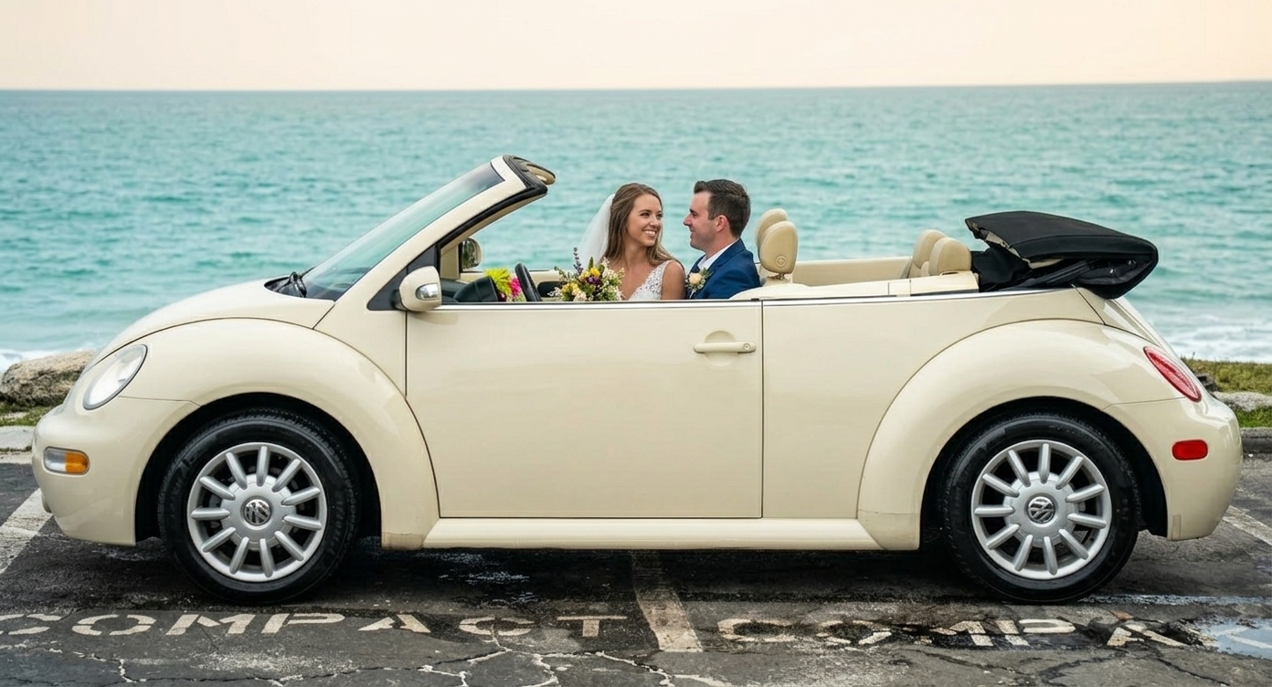 Volkswagen Bogár Cabrio oldalról, tengerparti háttérrel
